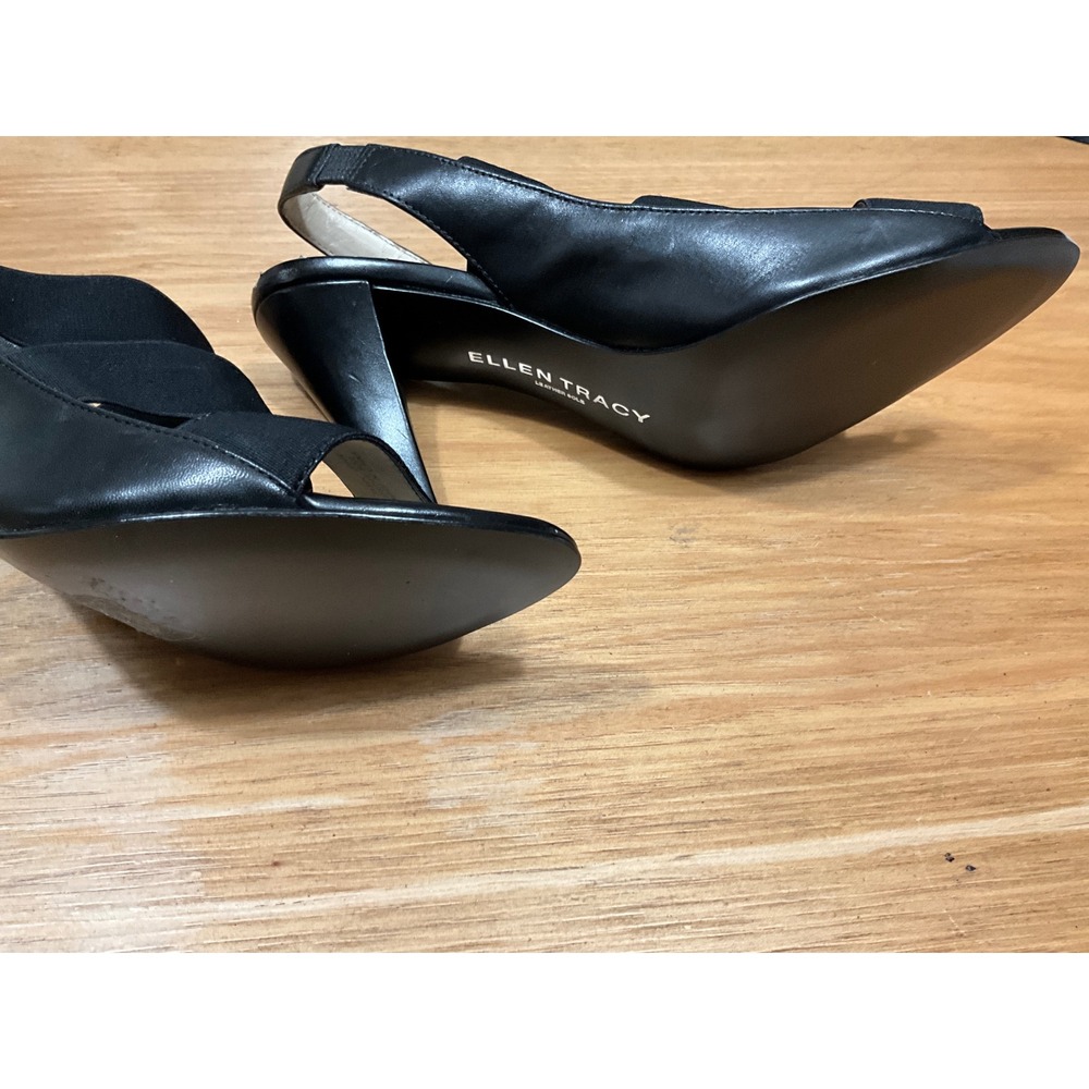 As is Ellen Tracy Josie Black Leather Strap Slingback Peep Toe Heels Size 8.5M - Picture 3 of 6